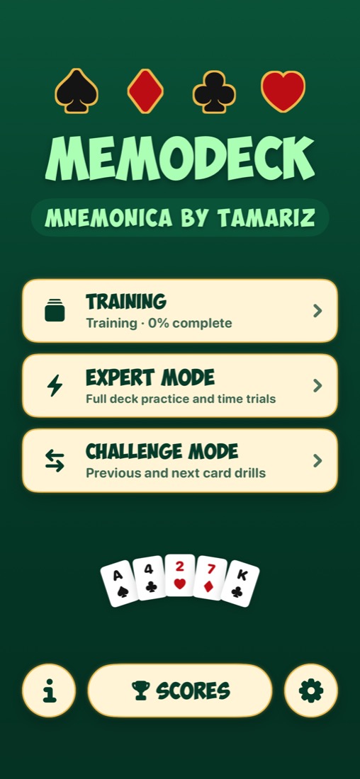 MemoDeck iPhone screen showing Training, Expert Mode, Challenge Mode, and Scores