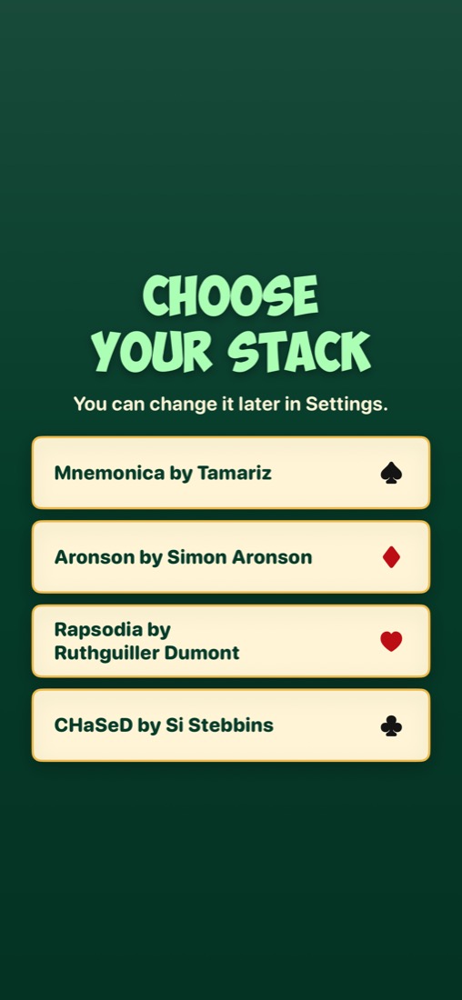MemoDeck iPhone stack selection screen with Mnemonica, Aronson, Rapsodia, and CHaSeD