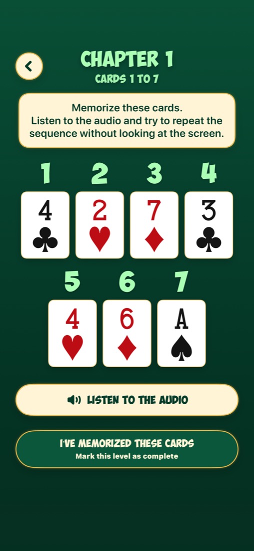 MemoDeck iPhone progressive chapter training screen with playing cards
