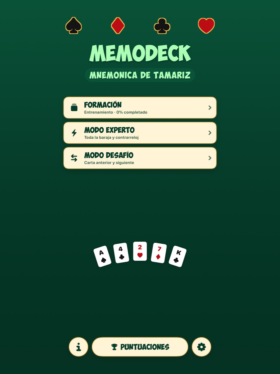 Pantalla de iPad de MemoDeck con el menú principal de entrenamiento