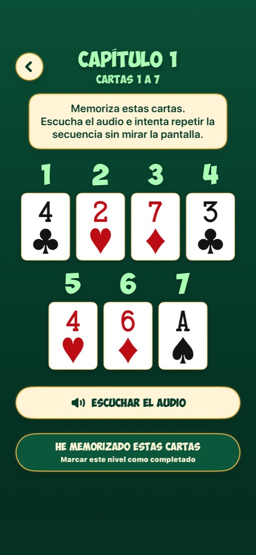 Pantalla de formación progresiva de MemoDeck en iPhone con cartas