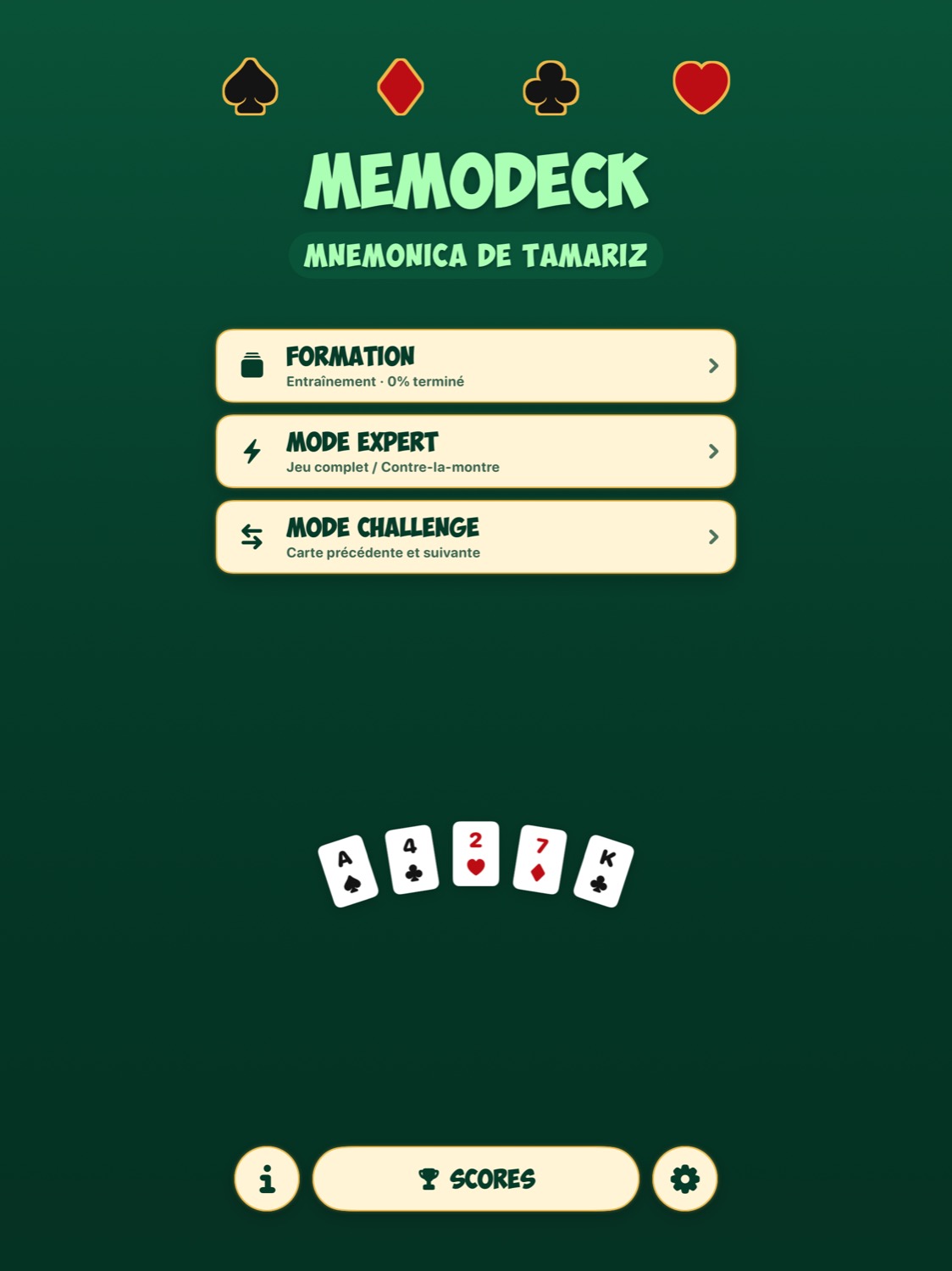 Écran iPad MemoDeck montrant le menu principal d’entraînement