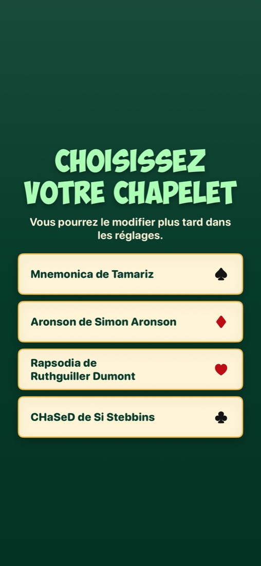 Sélection de chapelet MemoDeck sur iPhone avec Mnemonica, Aronson, Rapsodia et CHaSeD
