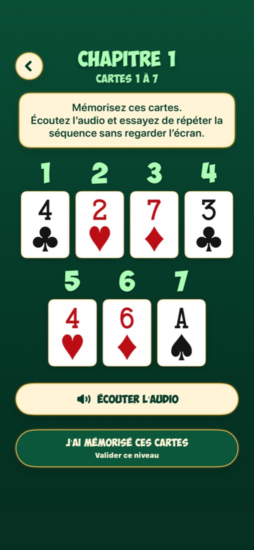 Écran de formation progressive MemoDeck sur iPhone avec cartes à jouer